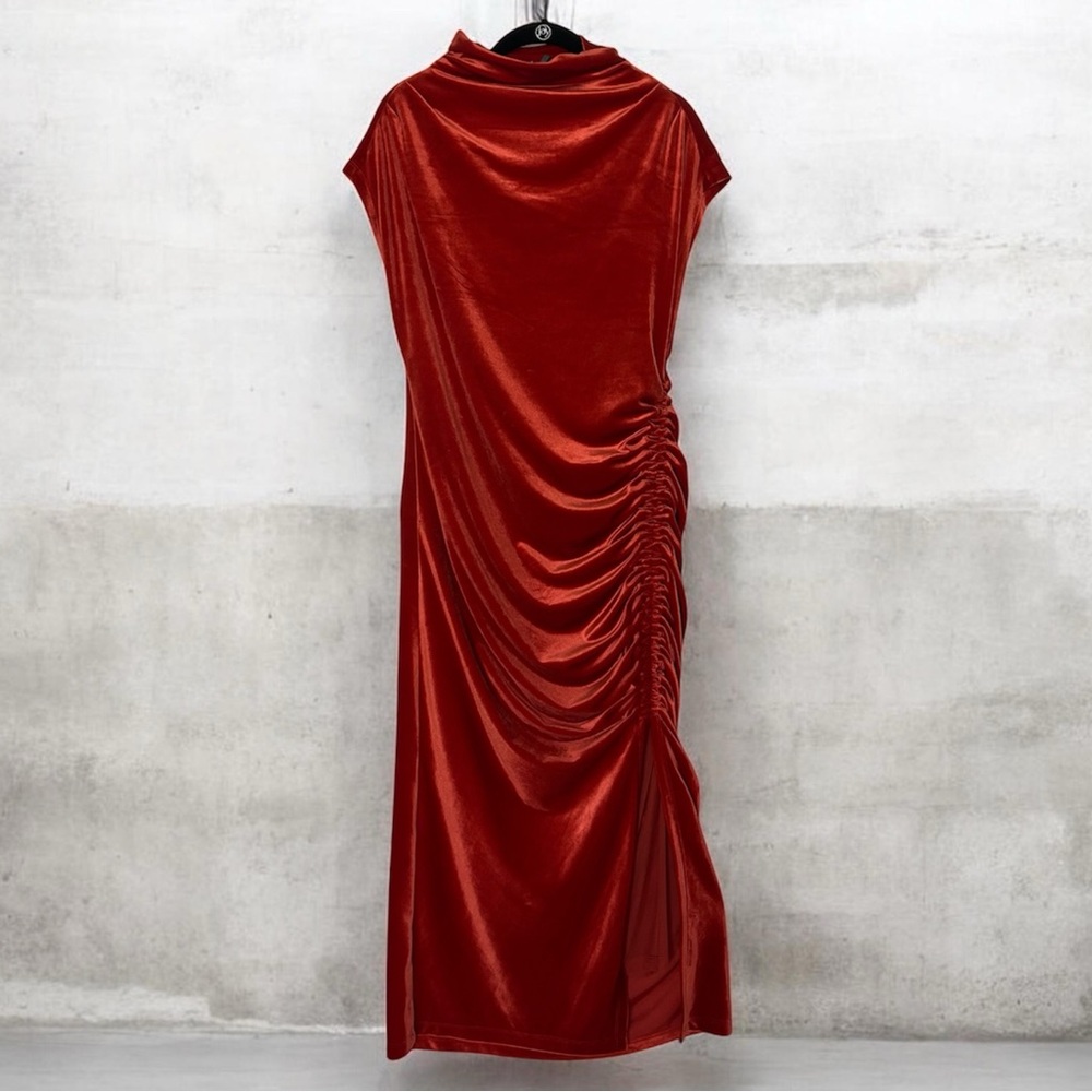 Anthropologie Velvet Dark Orange Ruched Midi Dress NWOT